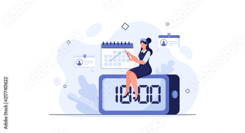 Businesswoman managing time and schedule, sitting on a digital clock with calendar and ID cards in background