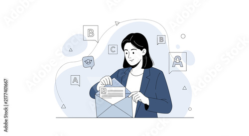 Businesswoman opening envelope with documents and communication icons, representing business correspondence and digital messaging