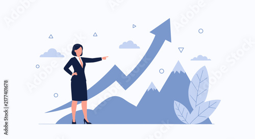 Businesswoman Points to Upward Trend Arrow and Mountain Peaks Symbolizing Growth and Success