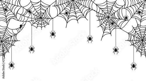 Spooky spider web border with hanging spiders, black cobweb frame on white background, Halloween decorative element