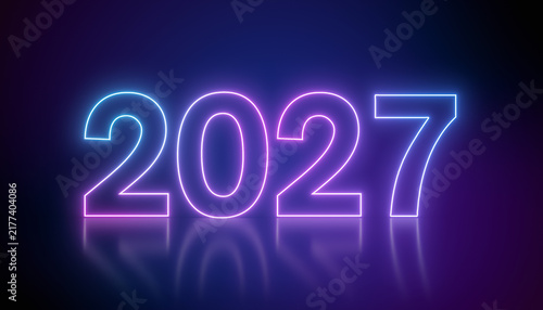 Illustration of abstract neon lights with the numbers 2027 in blue and magenta over dark background on a reflective floor - represents the new year - vacation concept.