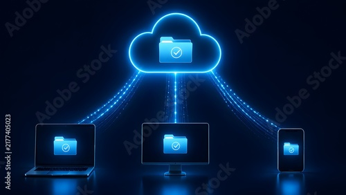 Naklejka Cloud computing network synchronizing verified document folder to laptop desktop and smartphone devices via digital data streams