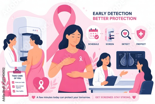 Breast cancer awareness illustration with woman mammogram and pink ribbon  vector graphic
