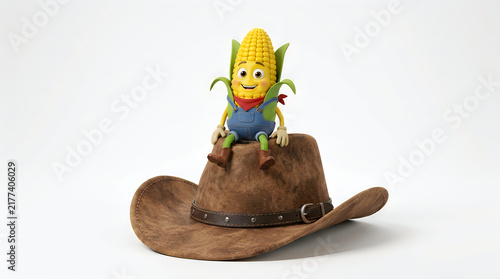 A cute cartoon corn character wearing overalls and a red neckerchief sitting on top of a brown leather cowboy hat