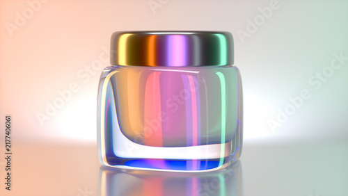 Close-up of a realistic iridescent multicolored cosmetic square jar with a metallic screw cap. 3d illustration on a light orange-green gradient background