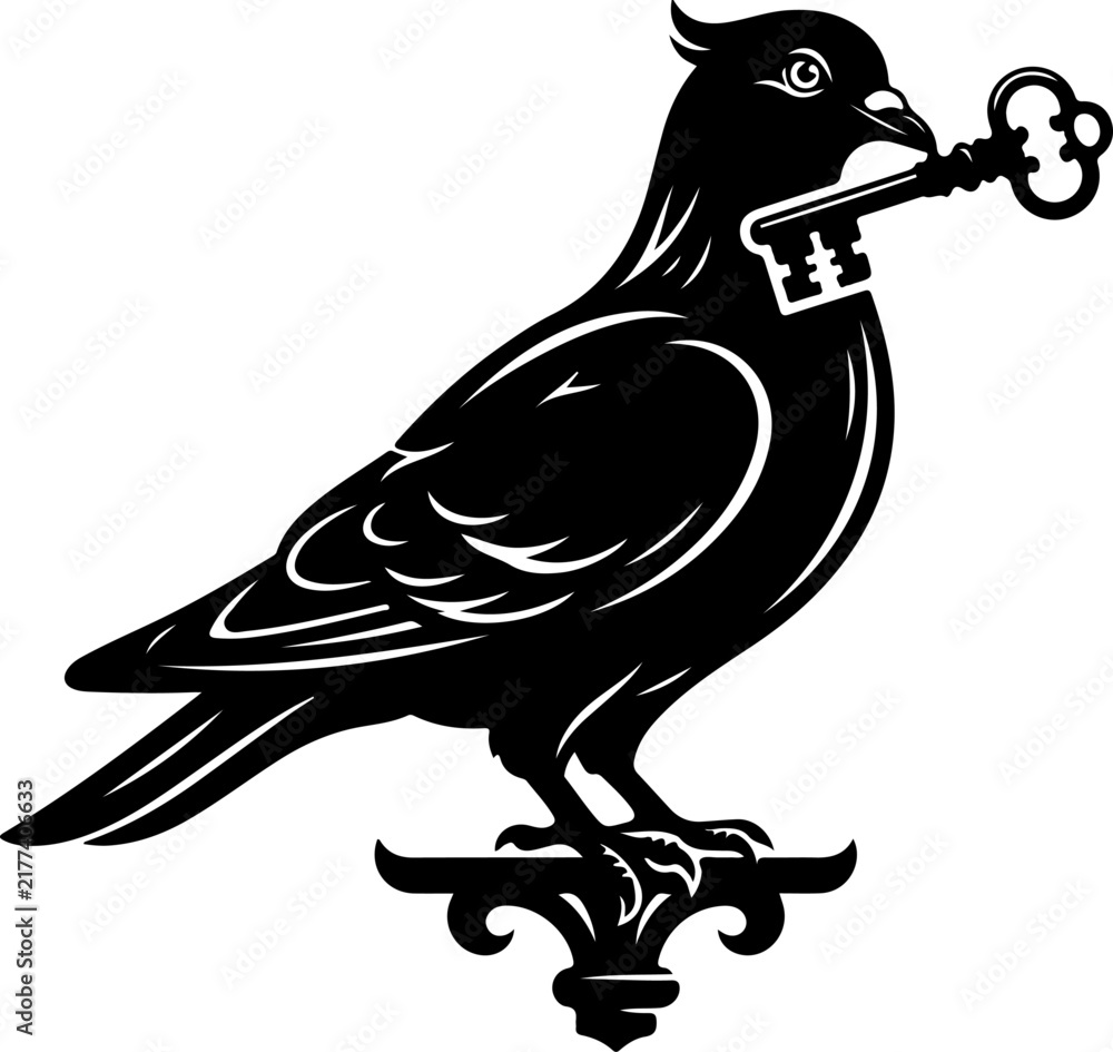 Naklejka premium Pigeon guardian holding an oversized key vector illustration