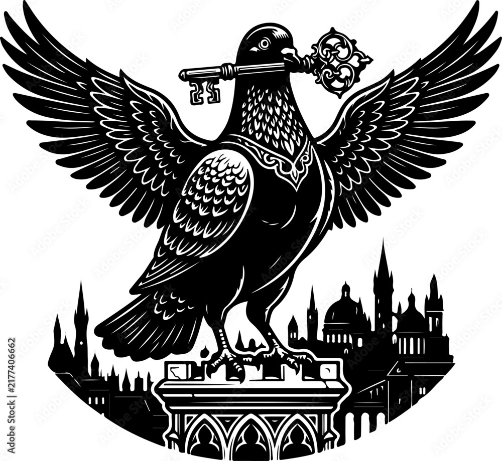 Naklejka premium Pigeon guardian holding an oversized key vector illustration