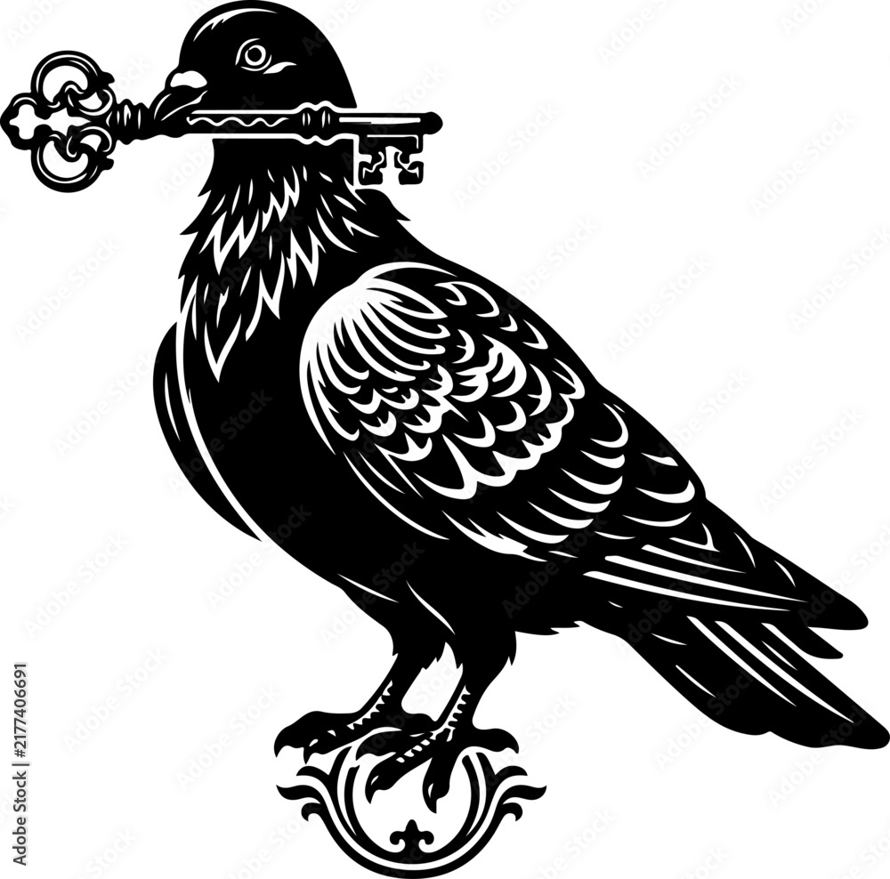 Naklejka premium Pigeon guardian holding an oversized key vector illustration