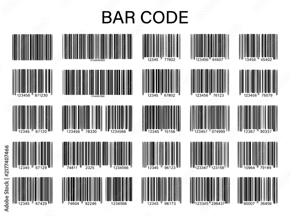 Fototapeta premium Bar code collection with 25 unique vector elements. Retail product identification labels. Black linear scanner codes for logistics.