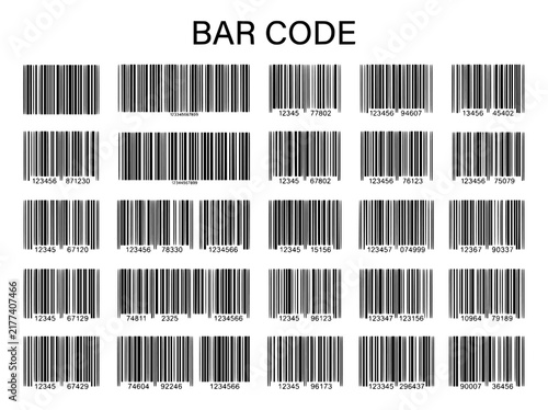 Bar code collection with 25 unique vector elements. Retail product identification labels. Black linear scanner codes for logistics.