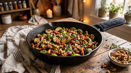 Sauteed Brussels sprouts with bacon in a rustic kitchen setting  