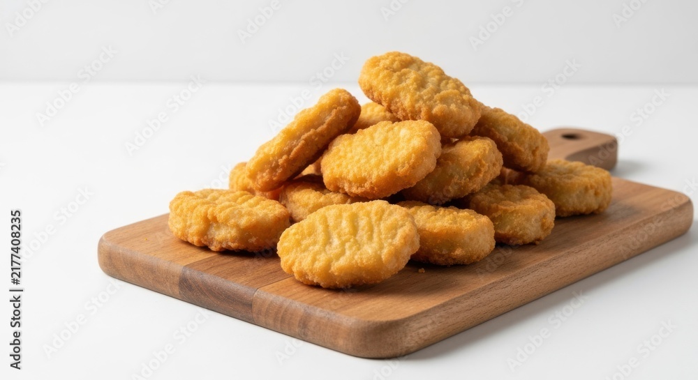 Fototapeta premium A pile of golden-fried, bite-sized food, piled high on a wooden cutting board against white