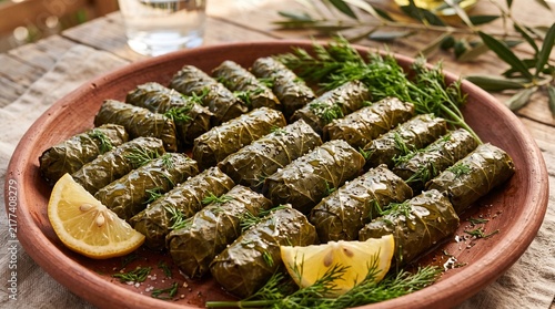 Authentic dolmas stuffed with herbs and served with lemon wedges  