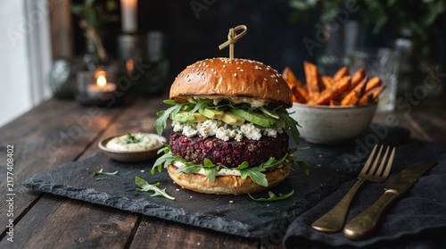 Vegan beetroot burger with sweet potato fries on a rustic table  