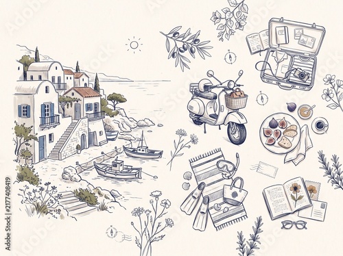 Hand drawn coastal village sketch with scooter and travel elements