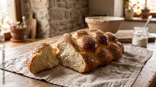 Fresh challah bread with sesame seeds on a kitchen table  