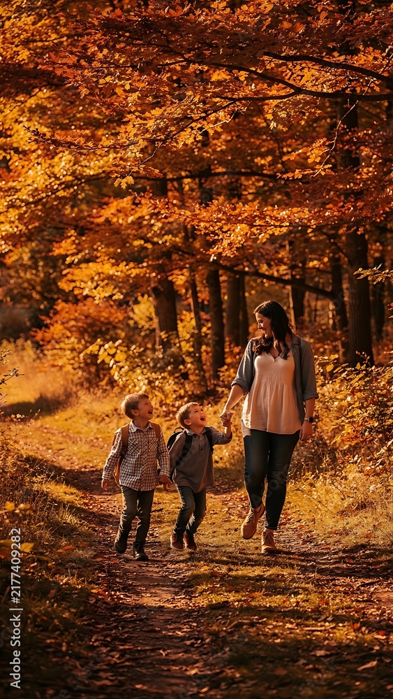 Fototapeta premium Happy mother and children walking together on a forest path during autumn.