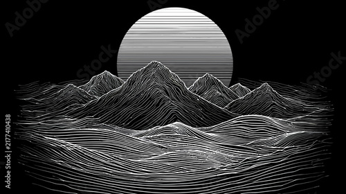 Monochrome Retro-Futuristic Digital Landscape with Stylized Mountains, Textured Orb, and Abstract Glitch Art Waves