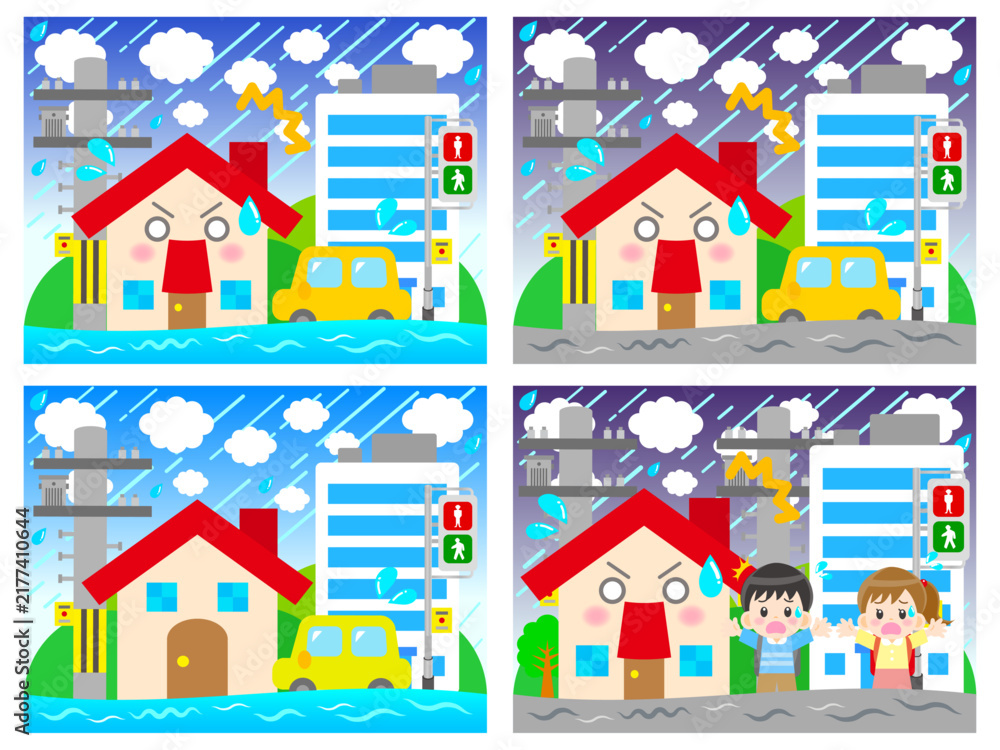 Fototapeta premium 大洪水で浸水する街と家と住民のイラスト素材セット4