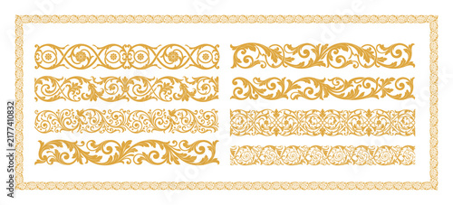 Gold renaissance frame and border templates featuring detailed scrolling floral motifs.