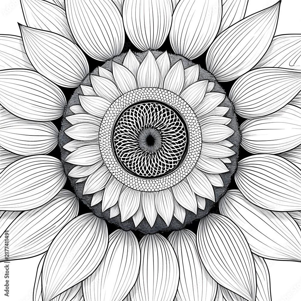 Detailed macro black and white line art illustration of a sunflower head and petals