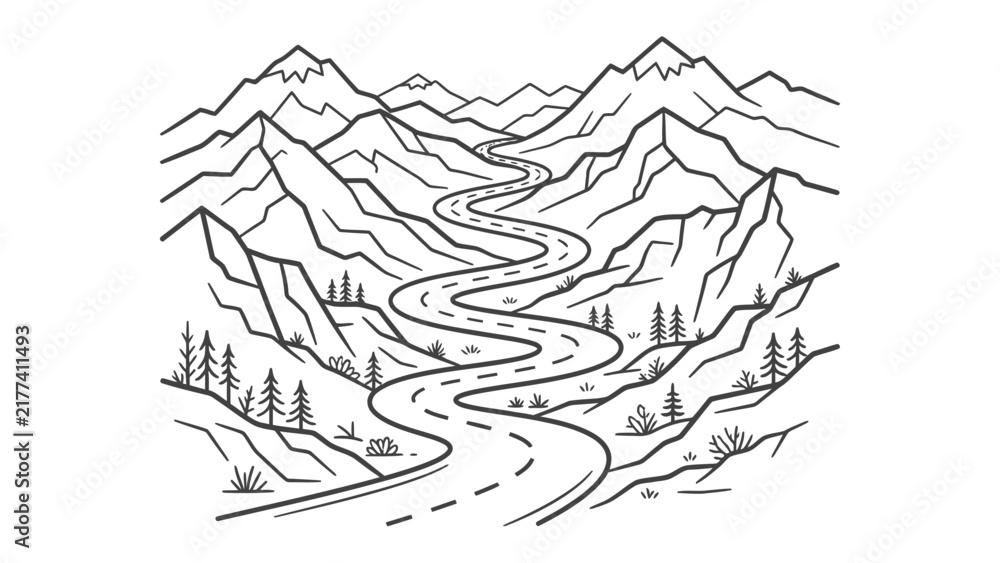 Fototapeta premium Winding Mountain Road Illustration: A stylized illustration depicts a winding road snaking through a majestic mountain range, with pine trees and rugged terrain flanking the route.