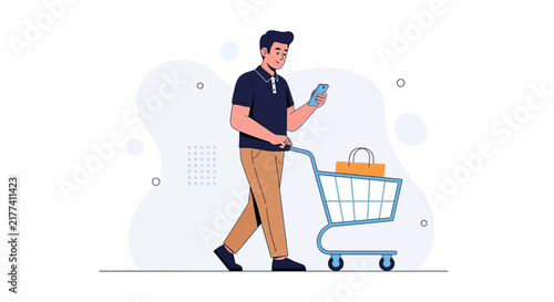 Man Pushing Shopping Cart While Using Smartphone, Modern Flat Illustration, Concept of Online Shopping and E-commerce