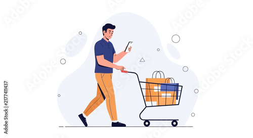 Man Pushing Shopping Cart with Bags and Phone, Online Shopping Concept Vector Illustration