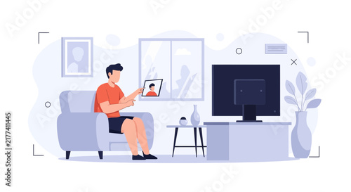 Man Relaxing on Sofa Using Tablet, Modern Living Room with TV and Window View