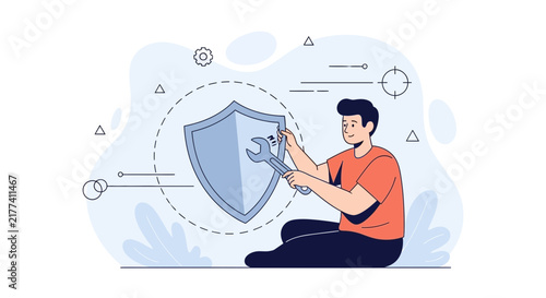 Man repairing shield with wrench, cybersecurity and data protection concept, flat illustration