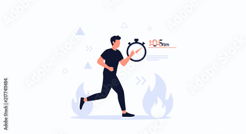 Man running on fire with stopwatch, illustrating speed, fitness, and time management concept in flat design.