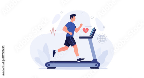 Man Running on Treadmill with Heart Rate Monitor and Global Network Icon - Modern Fitness Illustration