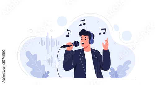 Man singing into a microphone with headphones on, surrounded by musical notes and sound waves, representing performance and music creation.