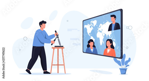 Man Sharpening Knife with World Map and Video Conference on Screen - Concept of Global Business and Collaboration
