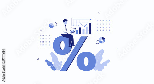 Man sitting on Percent Sign analyzing finance charts, representing financial growth, percentage, investment, and business success.