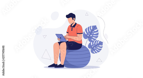 Man sitting on stability ball using a tablet, modern flat illustration style with organic shapes and monstera leaves