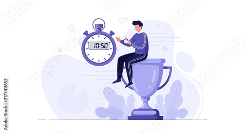 Man sitting on trophy with stopwatch, concept of time management, victory, and achievement
