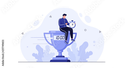Man Sitting on Trophy with Stopwatch, Symbolizing Time Management and Achievement in Sports or Business