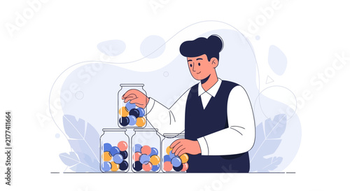 Man Sorting Colorful Marbles into Jars, Concept of Choice, Strategy, and Organization