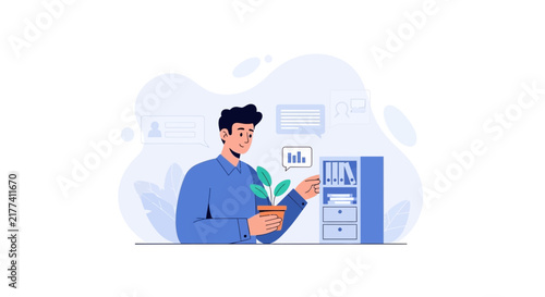 Man Tending to Potted Plant in Office, Growth Concept with Data Charts and Files