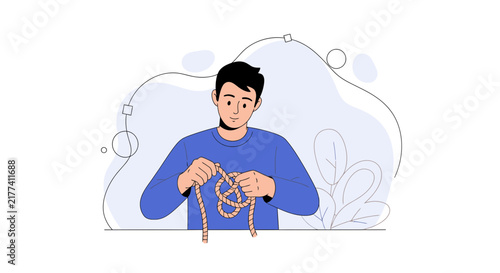 Man Tying a Knot with Rope, Vector Illustration - Conceptual Art