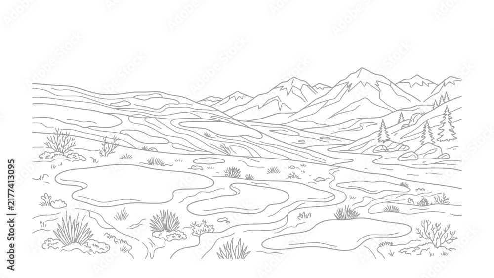 Fototapeta premium Mountain Landscape Illustration: A stylized, hand-drawn illustration depicts a serene mountain range with rolling hills, a winding river, and scattered vegetation.