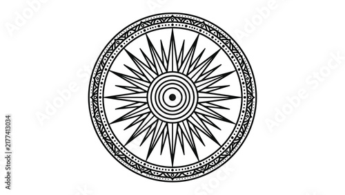 Bild auf Leinwand Dharmachakra - Wheel of Dharma: An intricate black and white illustration of the Dharmachakra, a symbol of Buddhist dharma and the eightfold path, representing spiritual wisdom and universal law