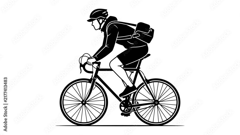 Fototapeta premium Cyclist on a Road Bicycle: A profile illustration of a person wearing a helmet and backpack, riding a road bicycle with sleek design.