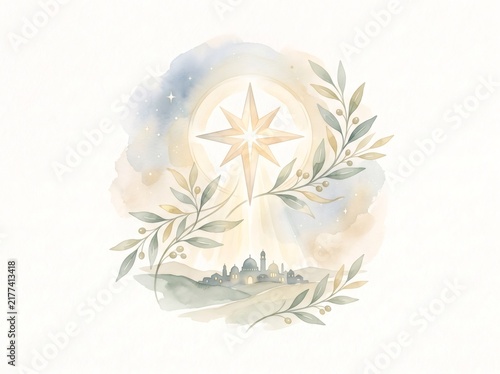 Bethlehem town with guiding star and olive branches