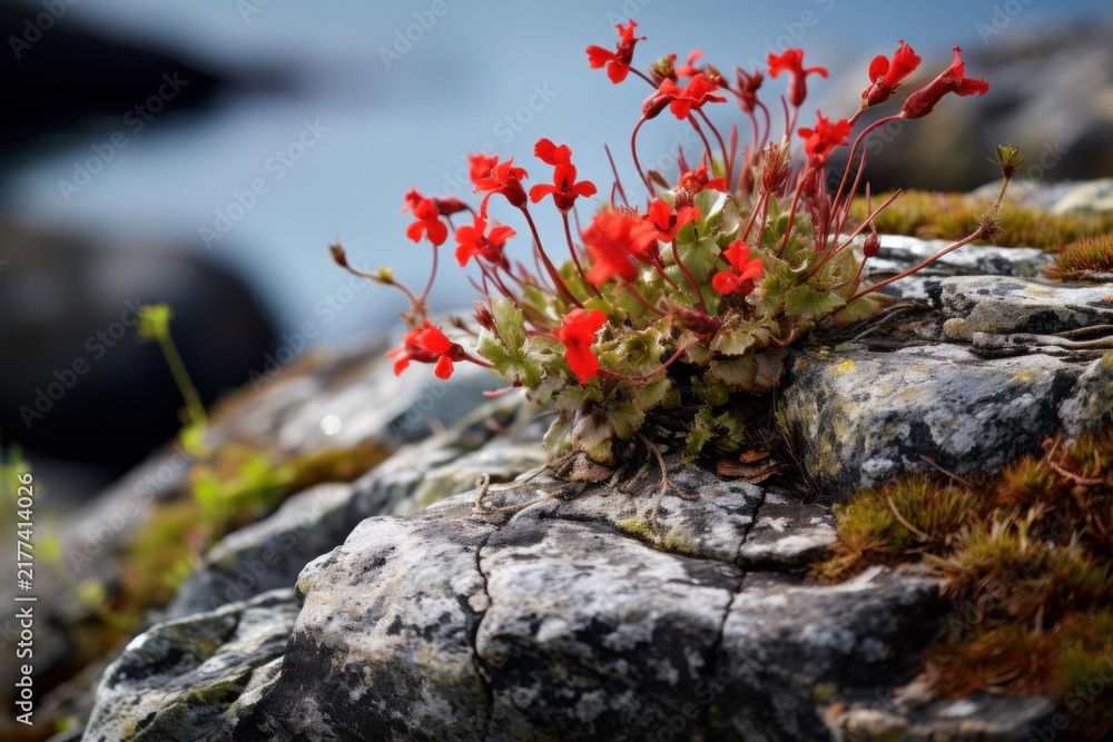 Obraz premium Red flowers blooming on a rock in a natural coastal environment
