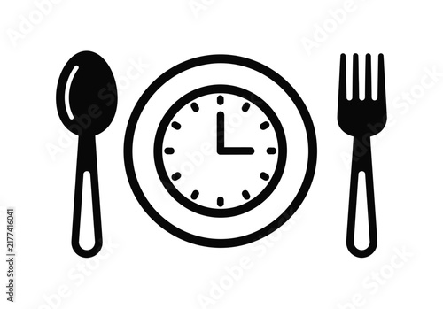 Bild auf Leinwand Plate with clock face, spoon and fork symbolizing mealtime, food break or lunch appointment, simple black and white icon for restaurant or dining concept