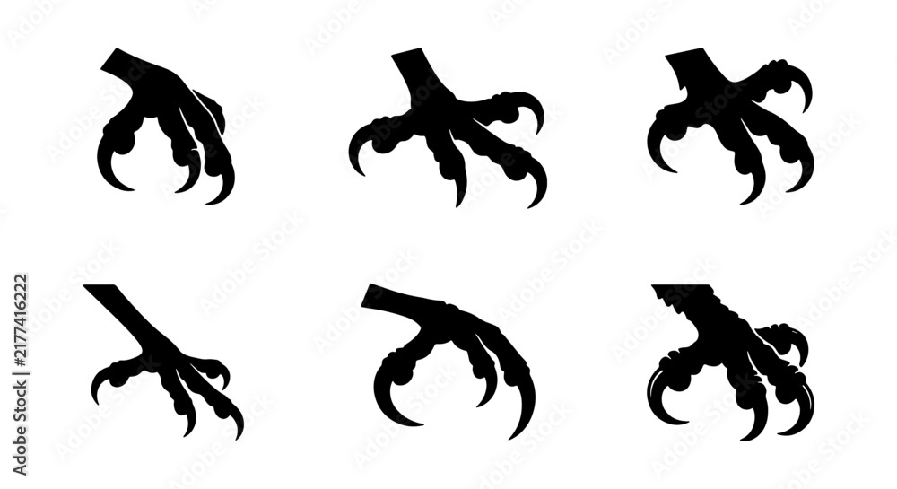 Fototapeta premium Black Bird Claws Vector Icons, Predatory Talons Silhouette Set, Sharp Animal Paws Graphics, Fierce Wildlife Digitized Elements