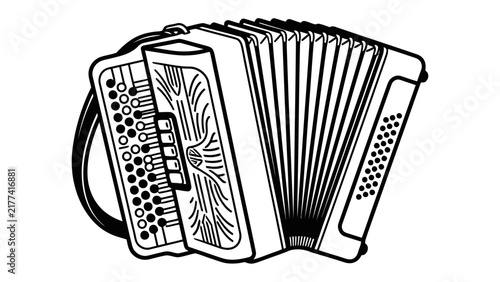 Fotografie Classic Accordion Illustration: A detailed black and white illustration showcases a traditional accordion, highlighting its bellows, keys, and ornate design, perfect for music-themed projects