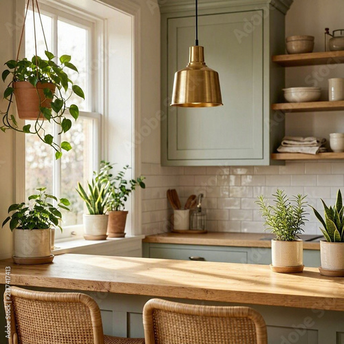 Cozy kitchen nook with a breakfast bar, pendant lamp, plants and warm morning light